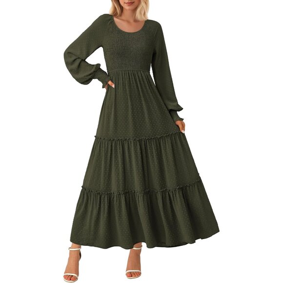Elegant Women's Smocked Maxi Dress - Long Sleeve Swiss Dot Wedding Guest Attire - Picture 1 of 8